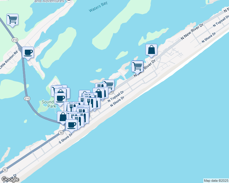 map of restaurants, bars, coffee shops, grocery stores, and more near 402 North New River Drive in Surf City