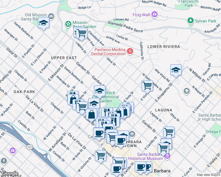 map of restaurants, bars, coffee shops, grocery stores, and more near 1524 Garden Street in Santa Barbara