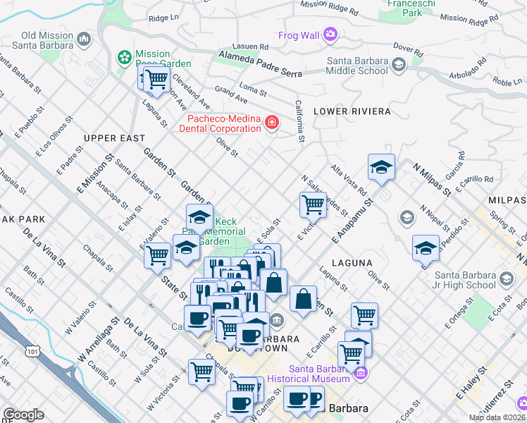 map of restaurants, bars, coffee shops, grocery stores, and more near 1428 Laguna Street in Santa Barbara