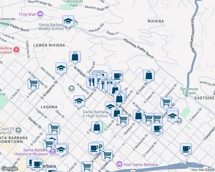 map of restaurants, bars, coffee shops, grocery stores, and more near 814 Spring Street in Santa Barbara