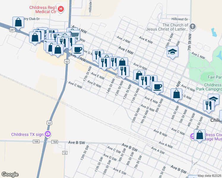 map of restaurants, bars, coffee shops, grocery stores, and more near 1301 Avenue D Northwest in Childress