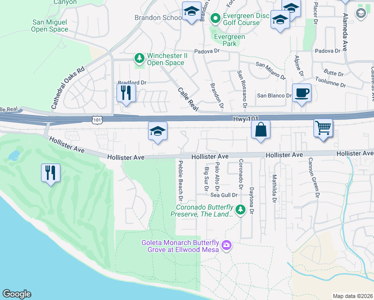 map of restaurants, bars, coffee shops, grocery stores, and more near 7620 Hollister Avenue in Goleta