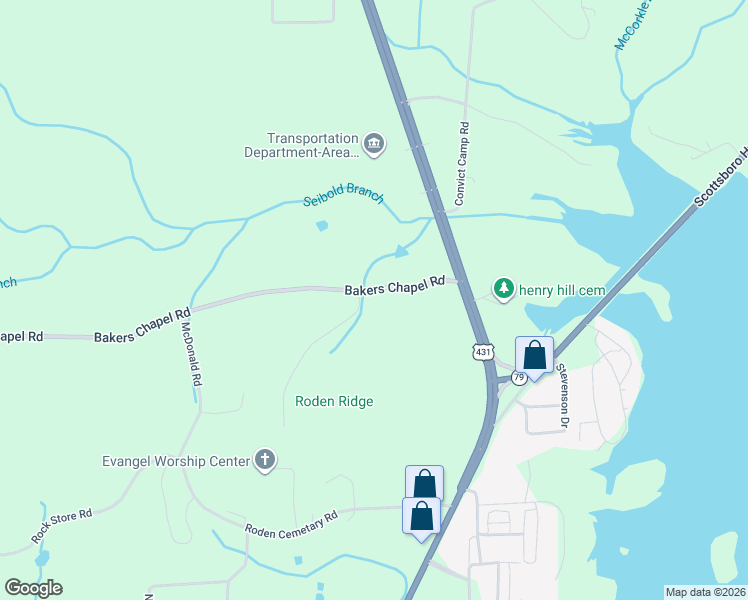 map of restaurants, bars, coffee shops, grocery stores, and more near 4642 Bakers Chapel Road in Guntersville