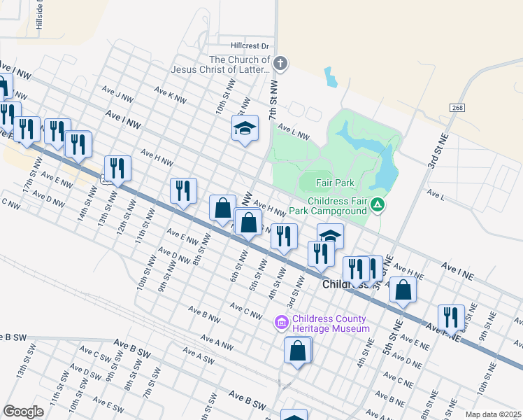 map of restaurants, bars, coffee shops, grocery stores, and more near 500-598 Ave G NW in Childress