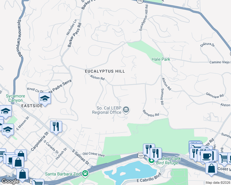 map of restaurants, bars, coffee shops, grocery stores, and more near 820 Cima Linda Lane in Santa Barbara