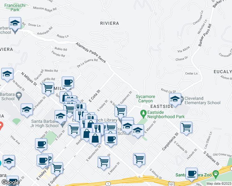 map of restaurants, bars, coffee shops, grocery stores, and more near 1222 Blanchard Street in Santa Barbara