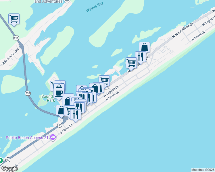 map of restaurants, bars, coffee shops, grocery stores, and more near 402 North Topsail Drive in Surf City