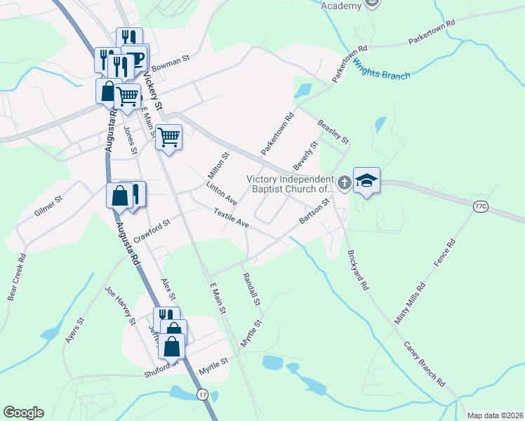 map of restaurants, bars, coffee shops, grocery stores, and more near 86 Textile Avenue in Lavonia