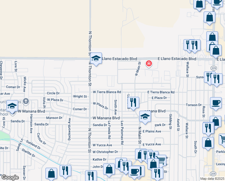 map of restaurants, bars, coffee shops, grocery stores, and more near 320 West Tierra Blanca Road in Clovis