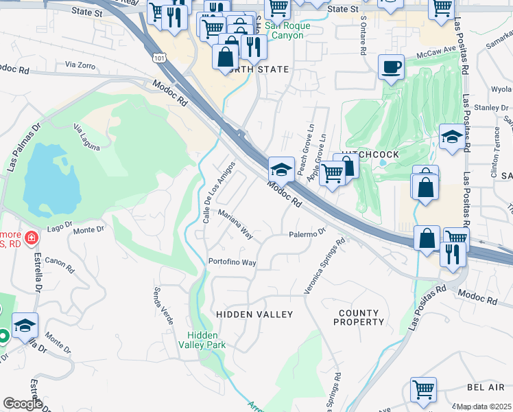 map of restaurants, bars, coffee shops, grocery stores, and more near 3775 Modoc Road in Santa Barbara