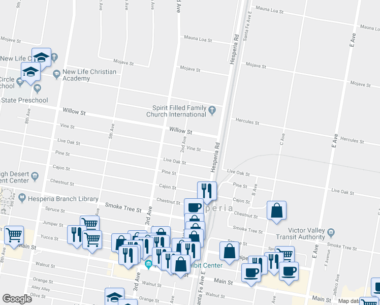 map of restaurants, bars, coffee shops, grocery stores, and more near 16533 Vine Street in Hesperia