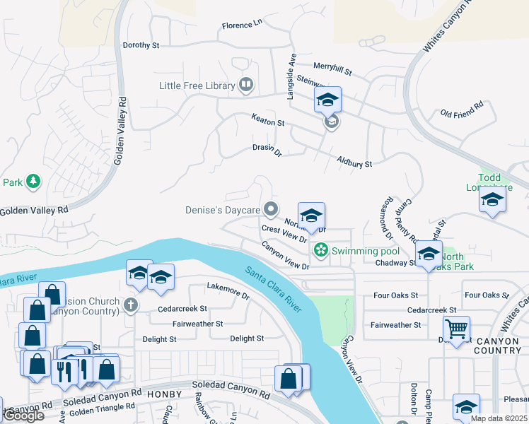 map of restaurants, bars, coffee shops, grocery stores, and more near 20161 Canyon View Drive in Santa Clarita