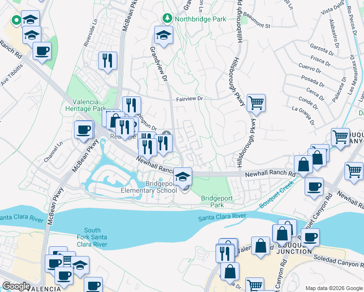map of restaurants, bars, coffee shops, grocery stores, and more near 27109 Teton Trail in Santa Clarita