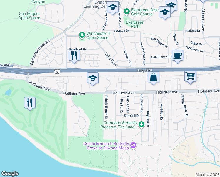 map of restaurants, bars, coffee shops, grocery stores, and more near 7620 Hollister Avenue in Goleta