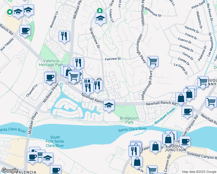 map of restaurants, bars, coffee shops, grocery stores, and more near 23811 Newhall Ranch Road in Santa Clarita