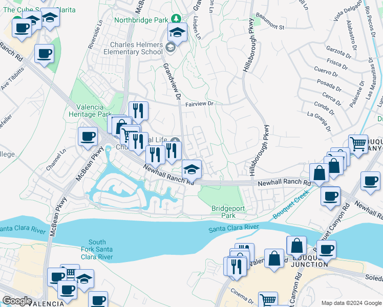 map of restaurants, bars, coffee shops, grocery stores, and more near 27109 Teton Trail in Santa Clarita