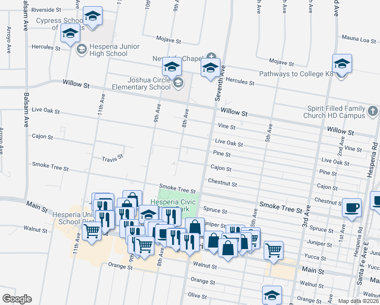 map of restaurants, bars, coffee shops, grocery stores, and more near 15900 Pine Street in Hesperia