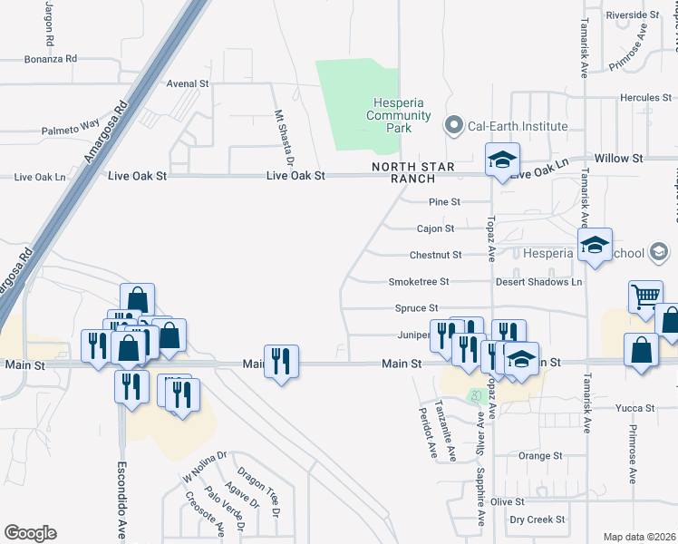 map of restaurants, bars, coffee shops, grocery stores, and more near 9888 Pyrite Avenue in Hesperia