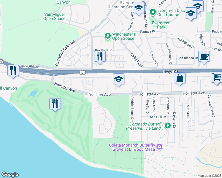 map of restaurants, bars, coffee shops, grocery stores, and more near 190 Via Jero in Goleta