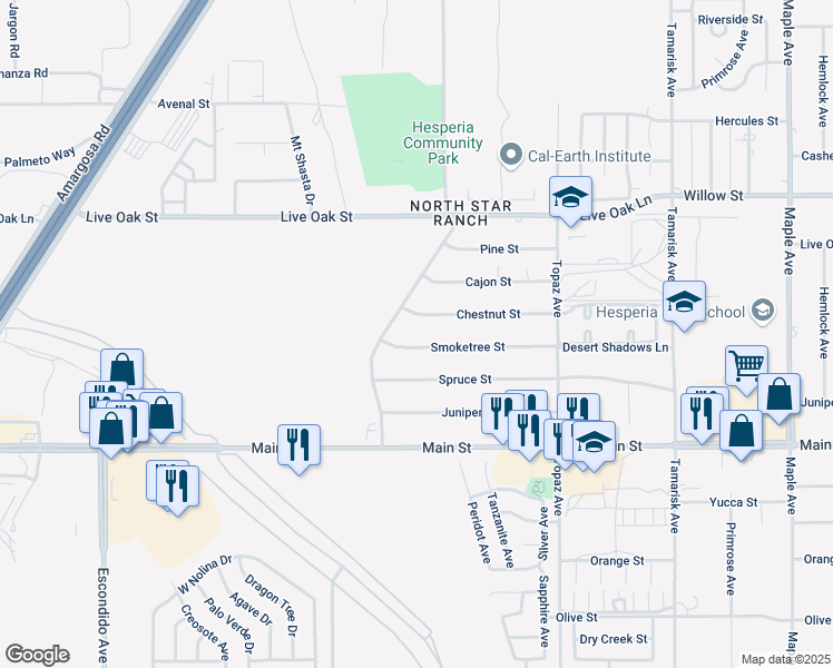 map of restaurants, bars, coffee shops, grocery stores, and more near 13840 Chestnut Street in Hesperia