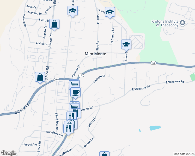 map of restaurants, bars, coffee shops, grocery stores, and more near 1443 Orchard Drive in Ojai