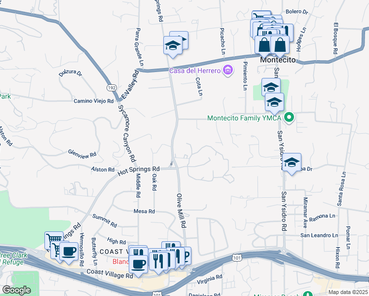 map of restaurants, bars, coffee shops, grocery stores, and more near 370 Hot Springs Road in Montecito