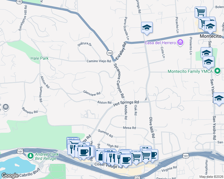 map of restaurants, bars, coffee shops, grocery stores, and more near 2900 Sycamore Canyon Road in Montecito