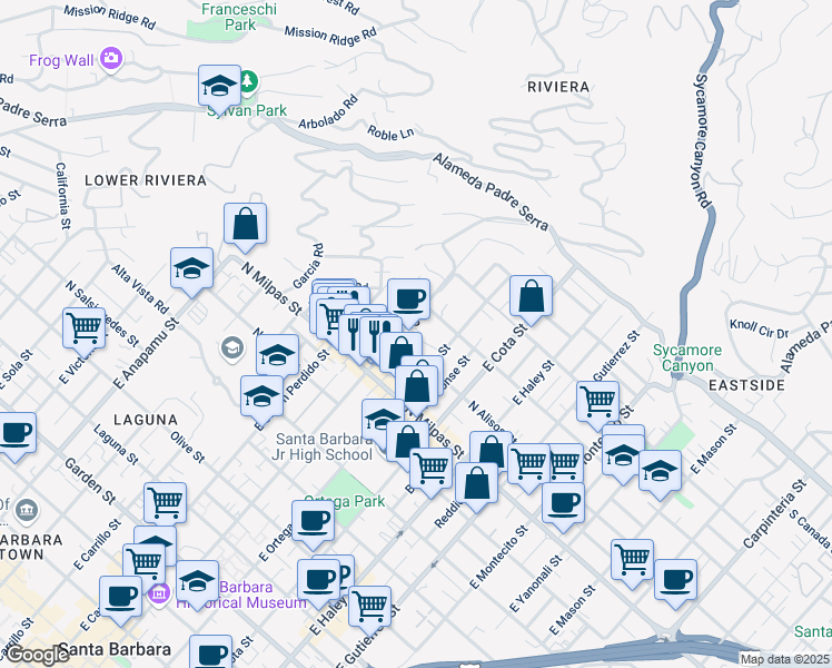 map of restaurants, bars, coffee shops, grocery stores, and more near 1012 East De La Guerra Street in Santa Barbara
