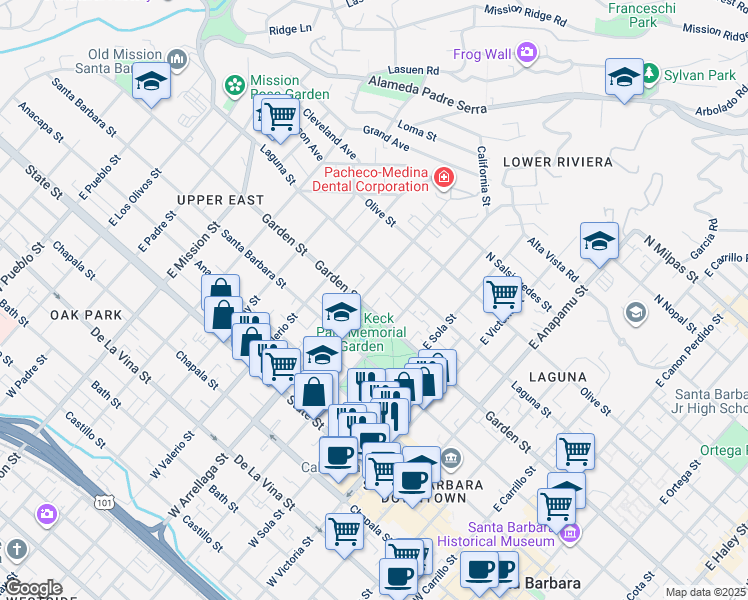 map of restaurants, bars, coffee shops, grocery stores, and more near 1600 Garden Street in Santa Barbara