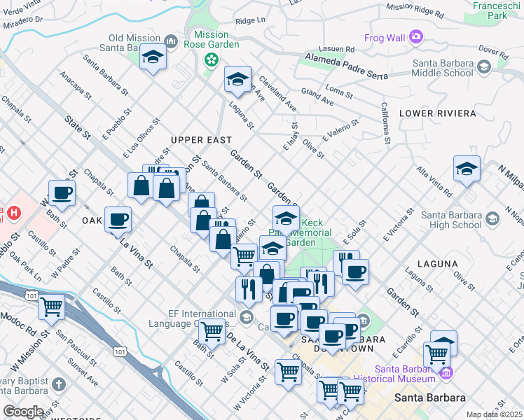 map of restaurants, bars, coffee shops, grocery stores, and more near 1716 Santa Barbara Street in Santa Barbara