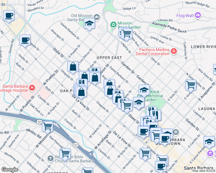 map of restaurants, bars, coffee shops, grocery stores, and more near 1830 Anacapa Street in Santa Barbara