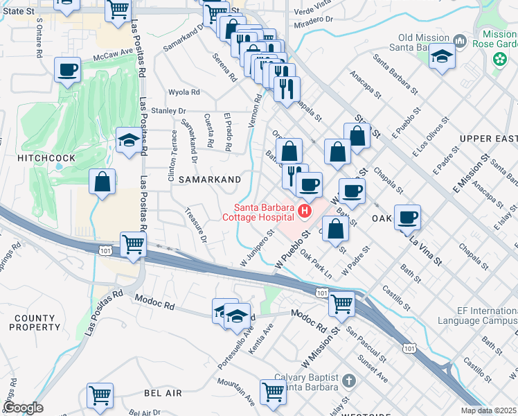 map of restaurants, bars, coffee shops, grocery stores, and more near 429 Alamar Avenue in Santa Barbara