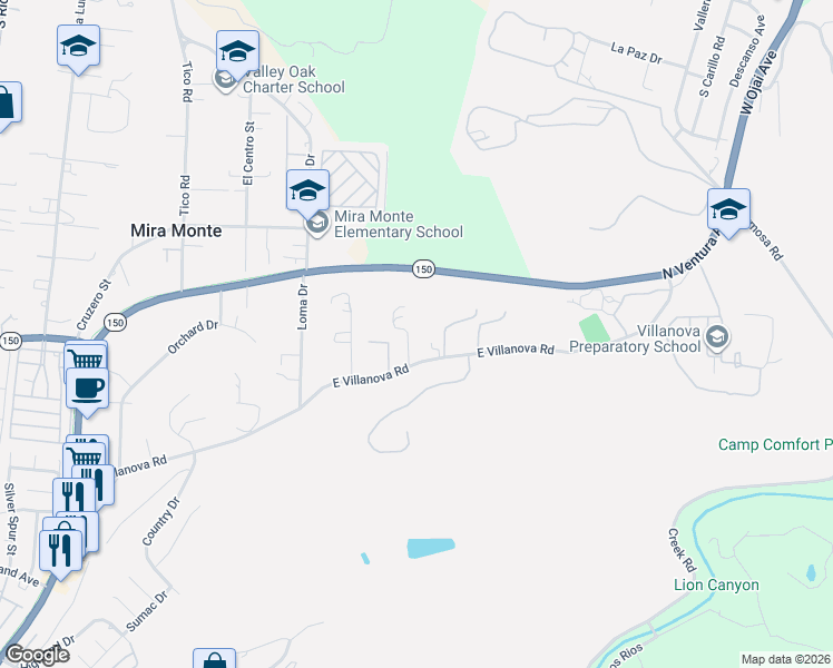 map of restaurants, bars, coffee shops, grocery stores, and more near 283 East Villanova Road in Ojai