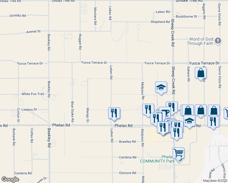 map of restaurants, bars, coffee shops, grocery stores, and more near 3724 White Fox Trail in Phelan