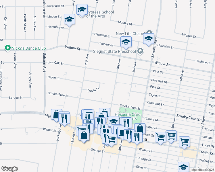 map of restaurants, bars, coffee shops, grocery stores, and more near 9990 9th Avenue in Hesperia
