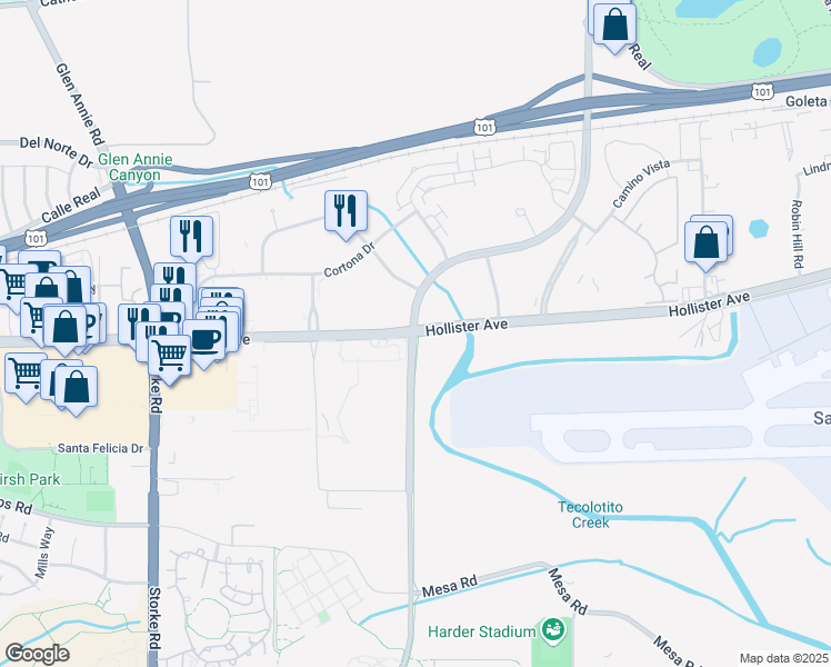 map of restaurants, bars, coffee shops, grocery stores, and more near 6649 Hollister Avenue in Goleta