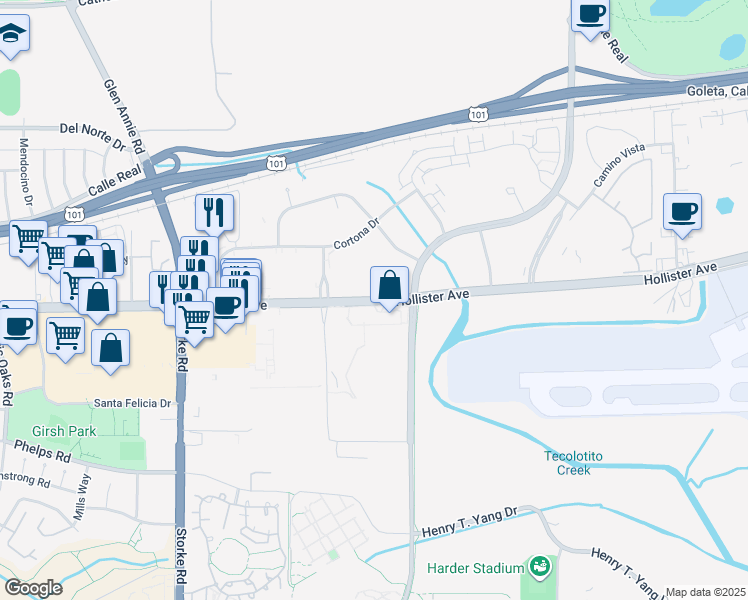 map of restaurants, bars, coffee shops, grocery stores, and more near Hollister Avenue in Goleta