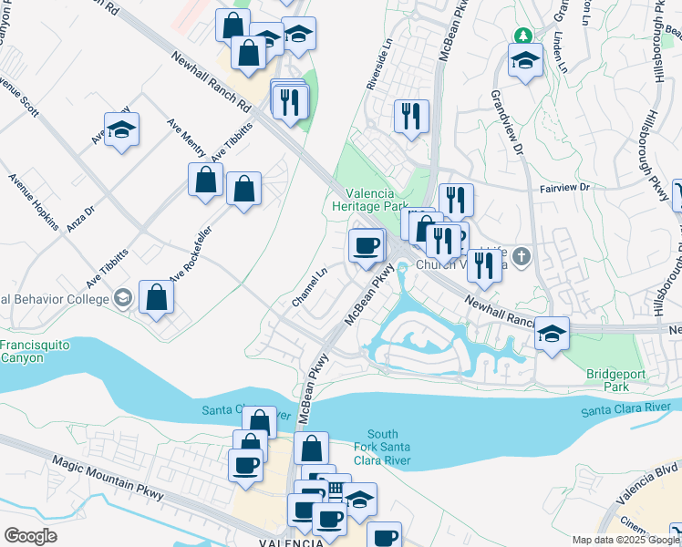 map of restaurants, bars, coffee shops, grocery stores, and more near 24125 Back Bay Court in Santa Clarita