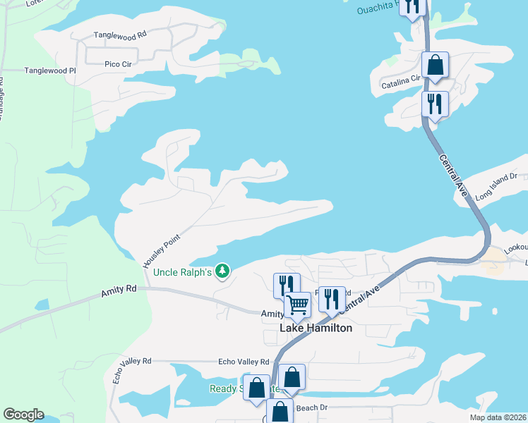 map of restaurants, bars, coffee shops, grocery stores, and more near 173 Wilson Point in Lake Hamilton