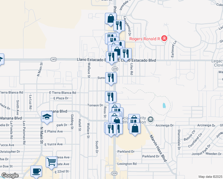 map of restaurants, bars, coffee shops, grocery stores, and more near 724 East Tierra Blanca Road in Clovis