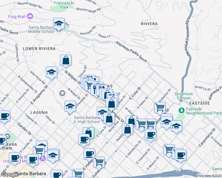 map of restaurants, bars, coffee shops, grocery stores, and more near 1012 East De La Guerra Street in Santa Barbara