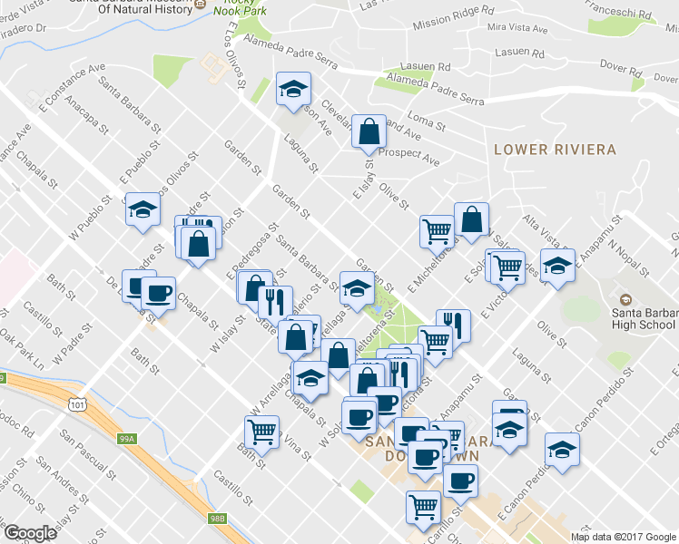 map of restaurants, bars, coffee shops, grocery stores, and more near 1633 Garden Street in Santa Barbara