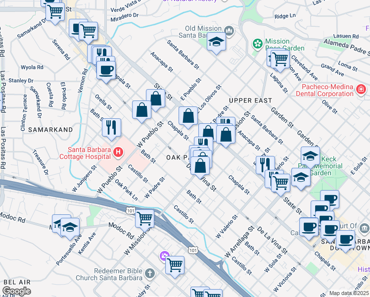map of restaurants, bars, coffee shops, grocery stores, and more near 2117 Chapala Street in Santa Barbara