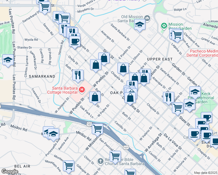 map of restaurants, bars, coffee shops, grocery stores, and more near 2202 De La Vina Street in Santa Barbara