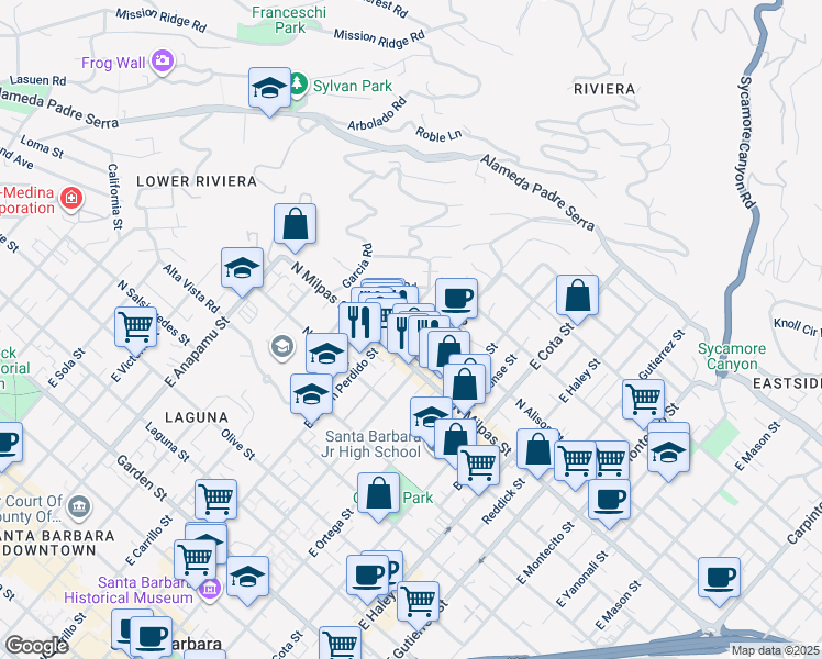 map of restaurants, bars, coffee shops, grocery stores, and more near 929 East Canon Perdido Street in Santa Barbara