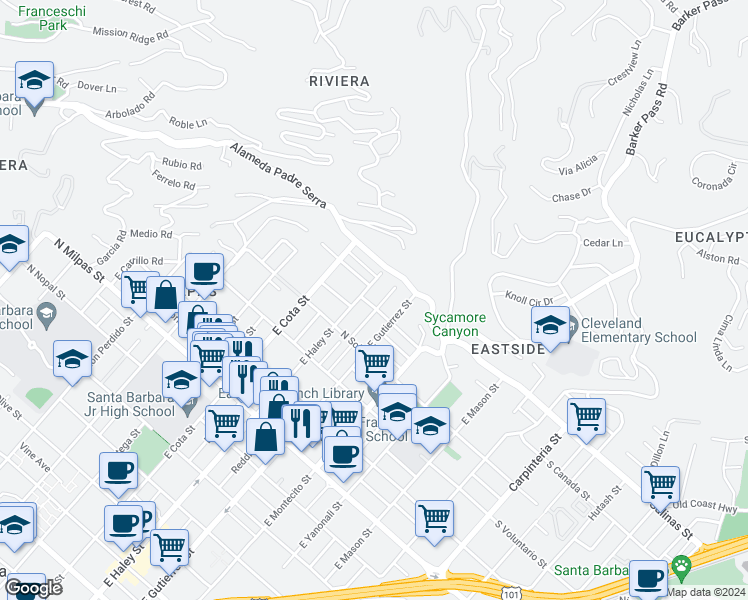 map of restaurants, bars, coffee shops, grocery stores, and more near 1305 Blanchard Street in Santa Barbara