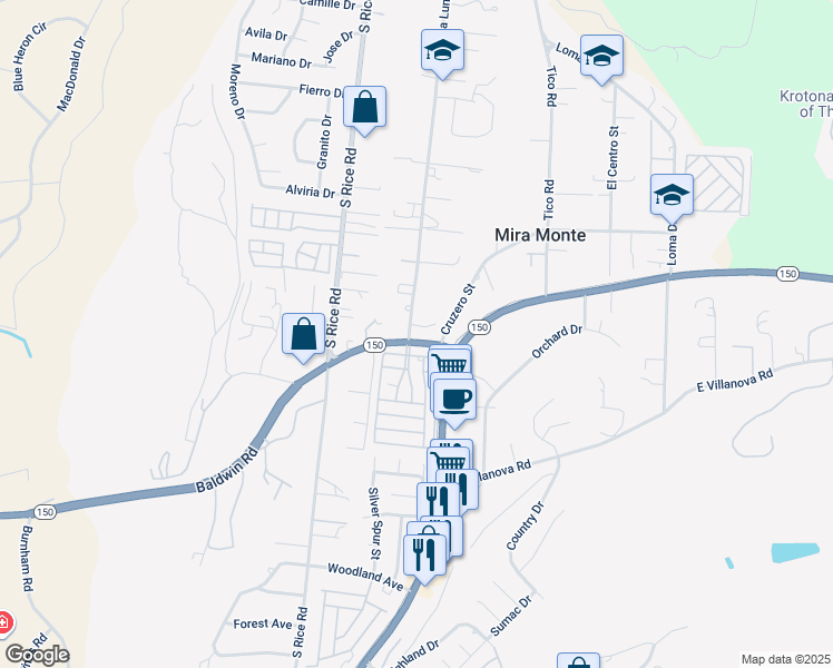 map of restaurants, bars, coffee shops, grocery stores, and more near 65 Baldwin Road in Ojai