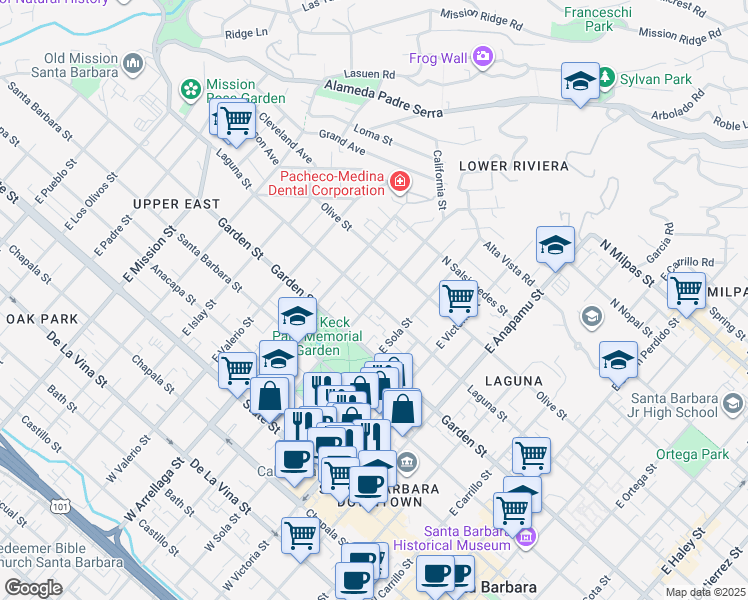 map of restaurants, bars, coffee shops, grocery stores, and more near East Micheltorena Street in Santa Barbara