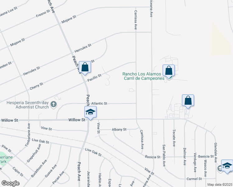 map of restaurants, bars, coffee shops, grocery stores, and more near 18676 Atlantic Street in Hesperia