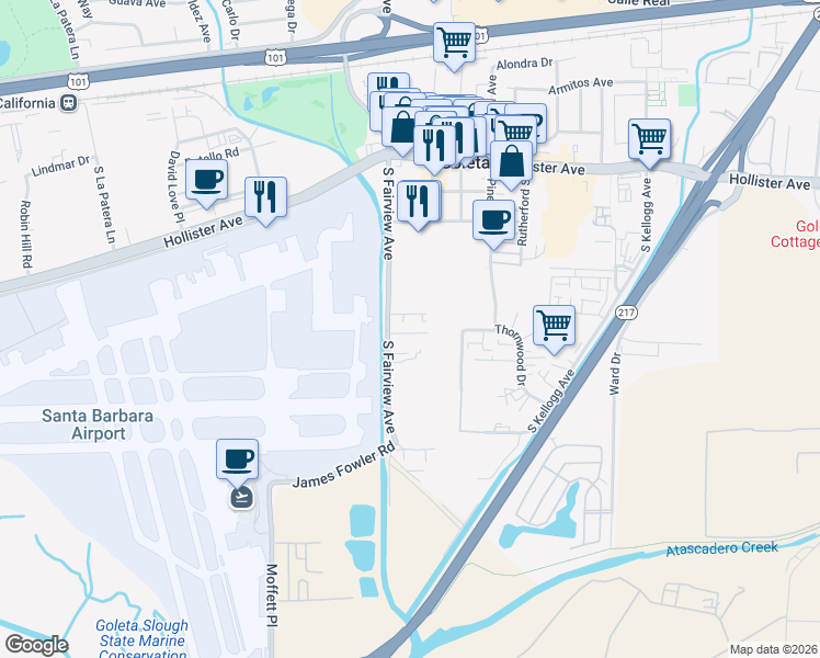 map of restaurants, bars, coffee shops, grocery stores, and more near 630 South Fairview Avenue in Goleta